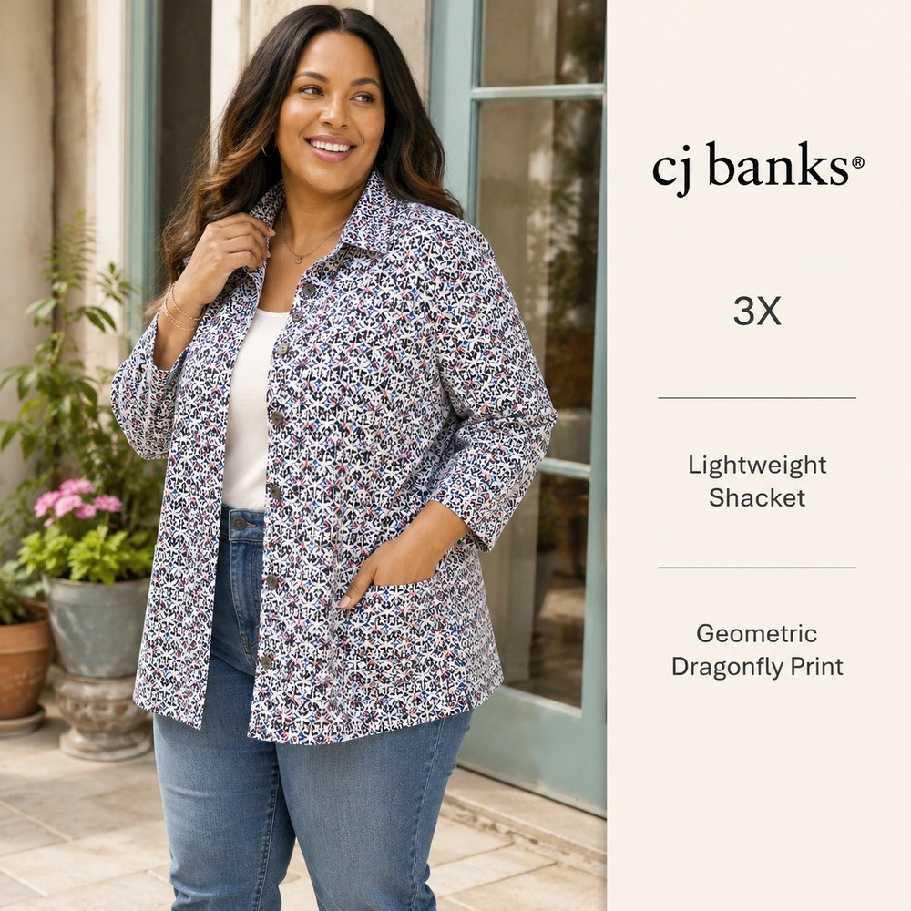 CJ Banks Jacket Womens 3X Multi Geometric Button 3/4 Sleeve Shacket Dragonfly